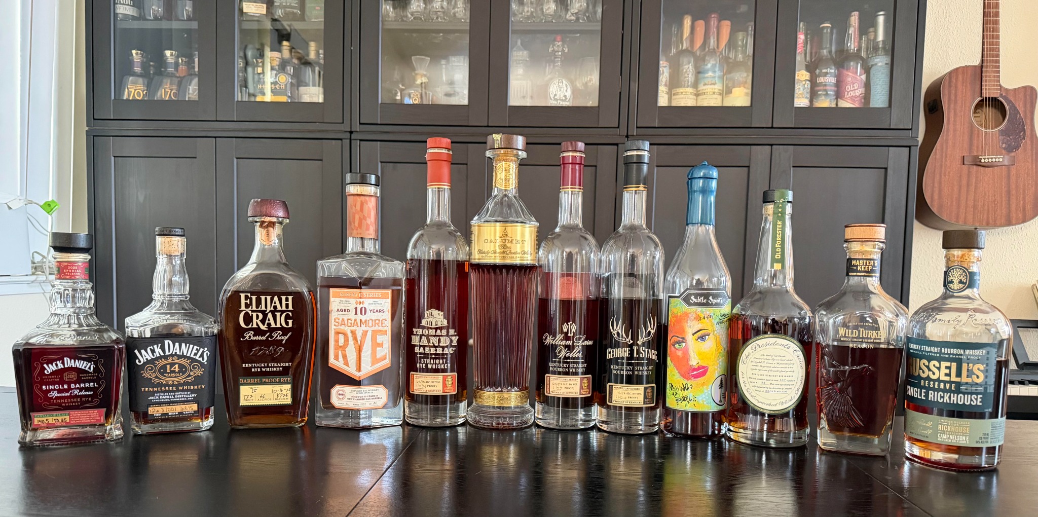 A premium lineup of bourbon and rye bottles